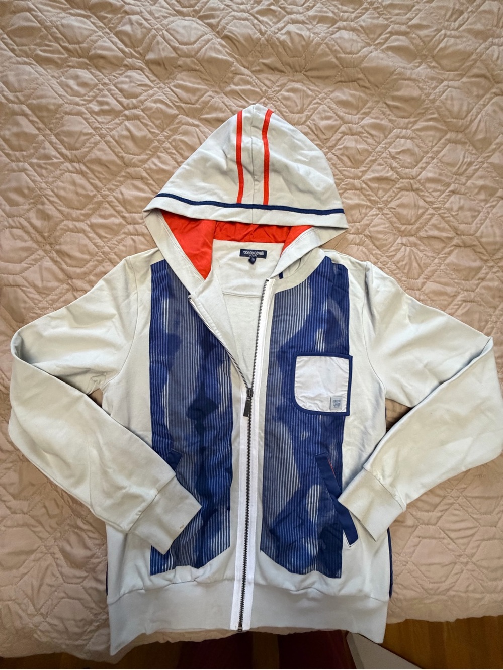 Roberto Cavalli Cream Zip Hoodie with Blue Panels and Orange Hood Lining